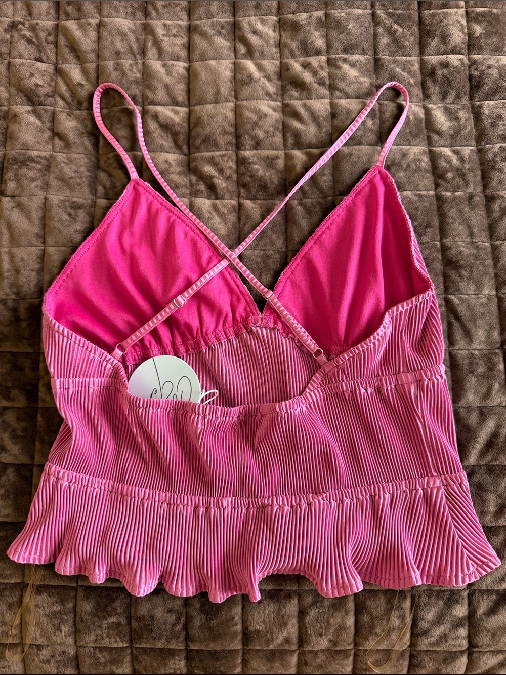 Pink Ribbed V-Neck Spaghetti Strap Tank Top - Picture 2 of 2